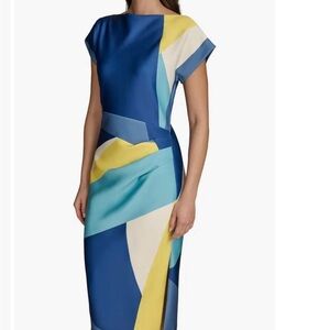 Donna Karan Blue and Yellow Geometric Midi Dress